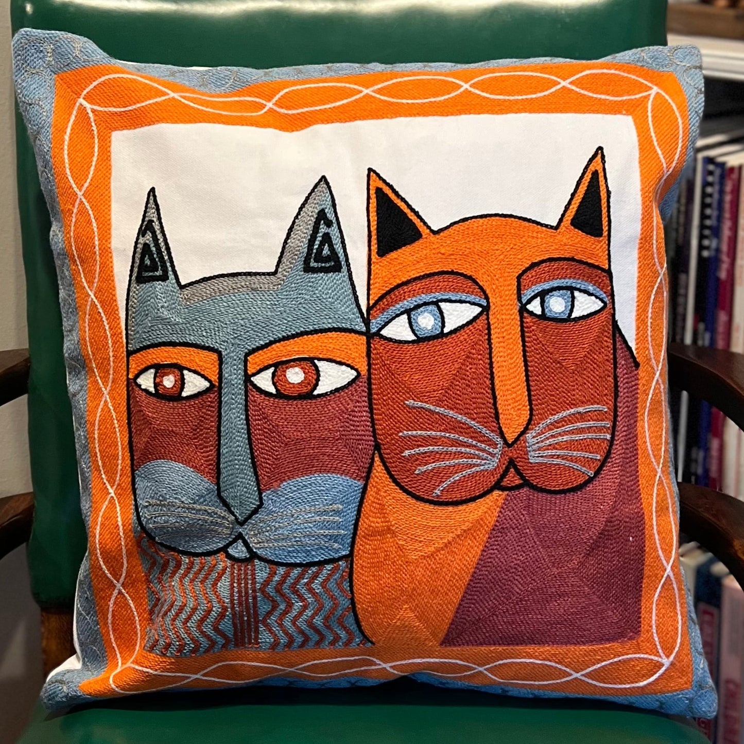 Orange & Blue Abstract Cats Embroidered Pillow Cover  DAME BOHEME