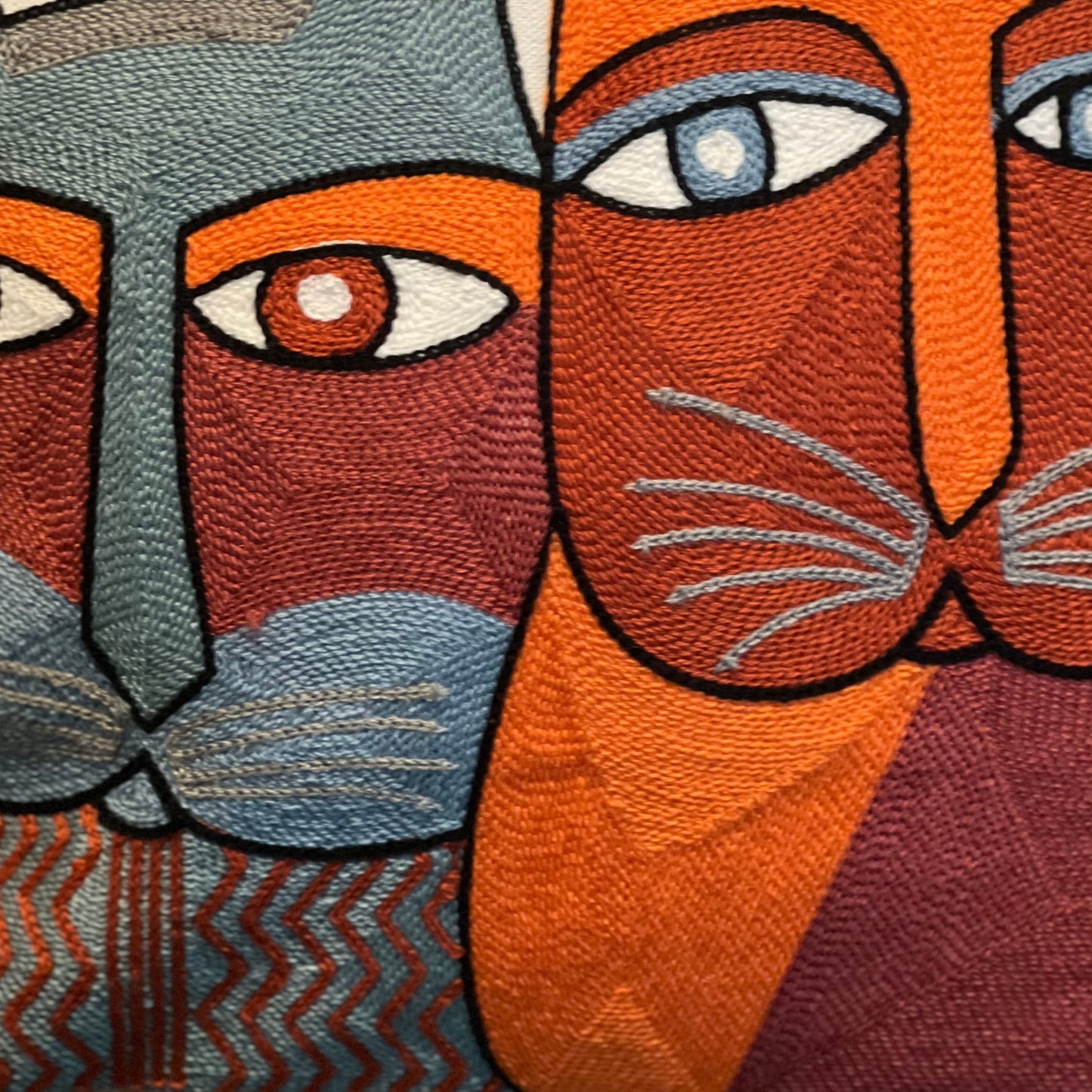 Orange & Blue Abstract Cats Embroidered Pillow Cover  DAME BOHEME