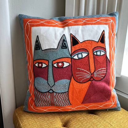 Orange & Blue Abstract Cats Embroidered Pillow Cover  DAME BOHEME