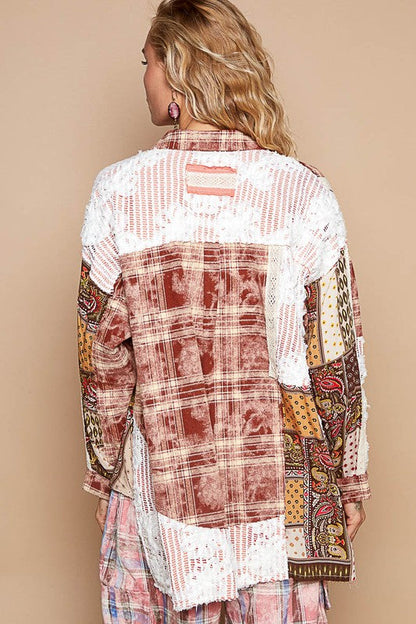Crochet Plaid Multicolor Patchwork Button Up Shirt Trendsi