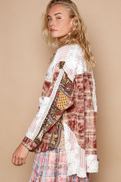 Crochet Plaid Multicolor Patchwork Button Up Shirt Trendsi