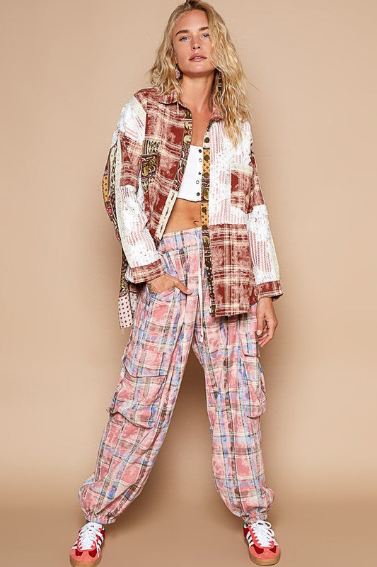 Crochet Plaid Multicolor Patchwork Button Up Shirt Trendsi