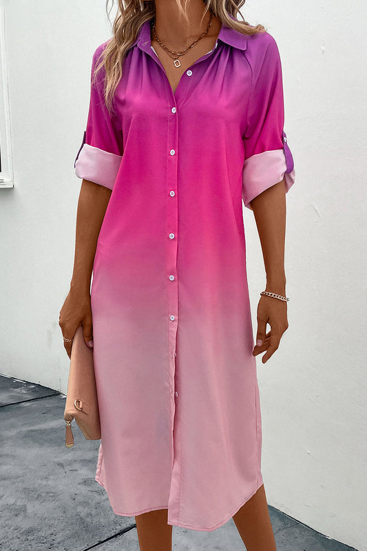 Perfee Gradient Long Sleeve Shirt Midi Dress Trendsi