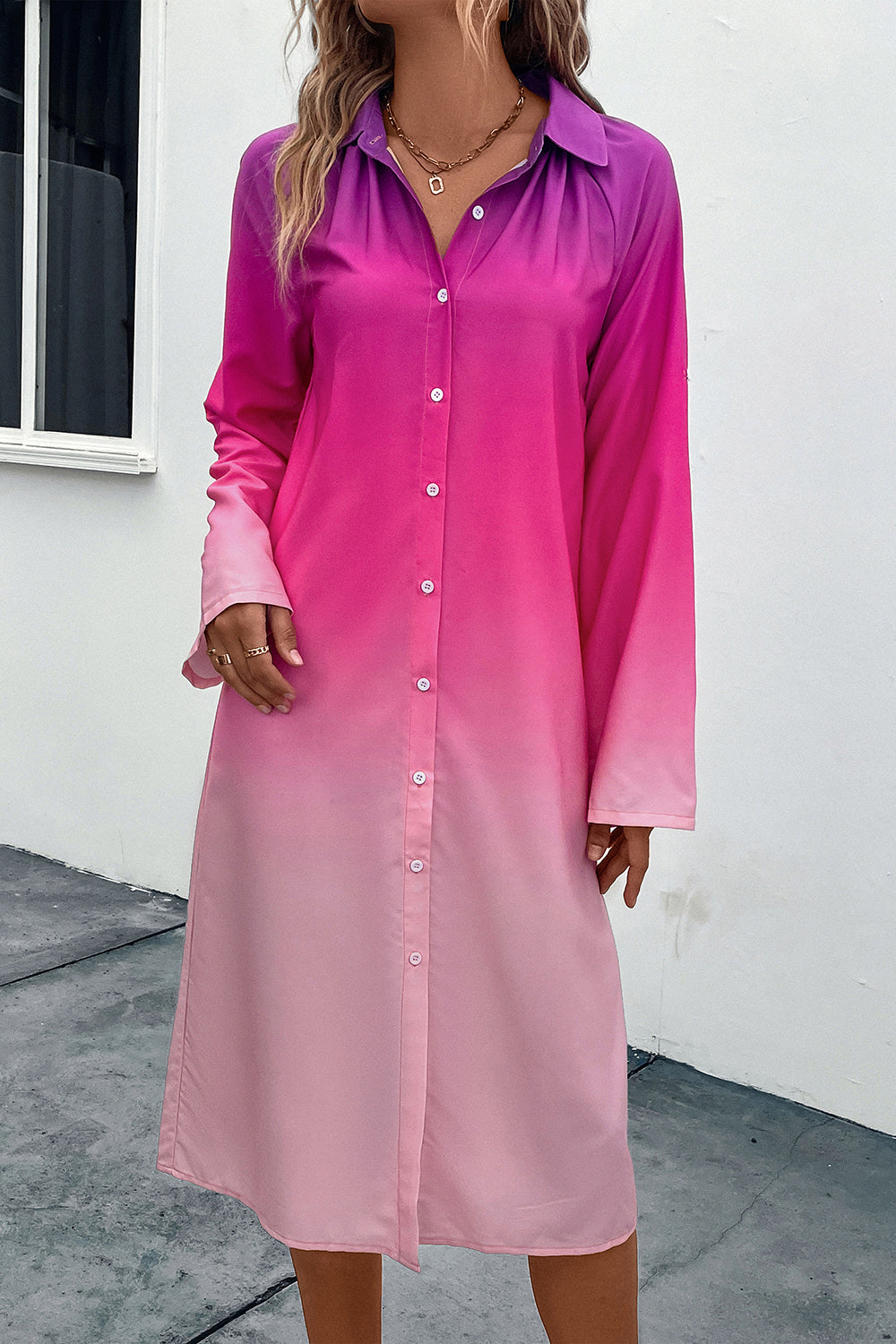 Perfee Gradient Long Sleeve Shirt Midi Dress Trendsi
