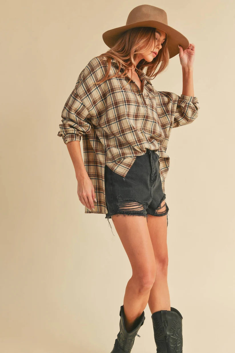 Side Slit High-Low Plaid Oversized Polo Shirt