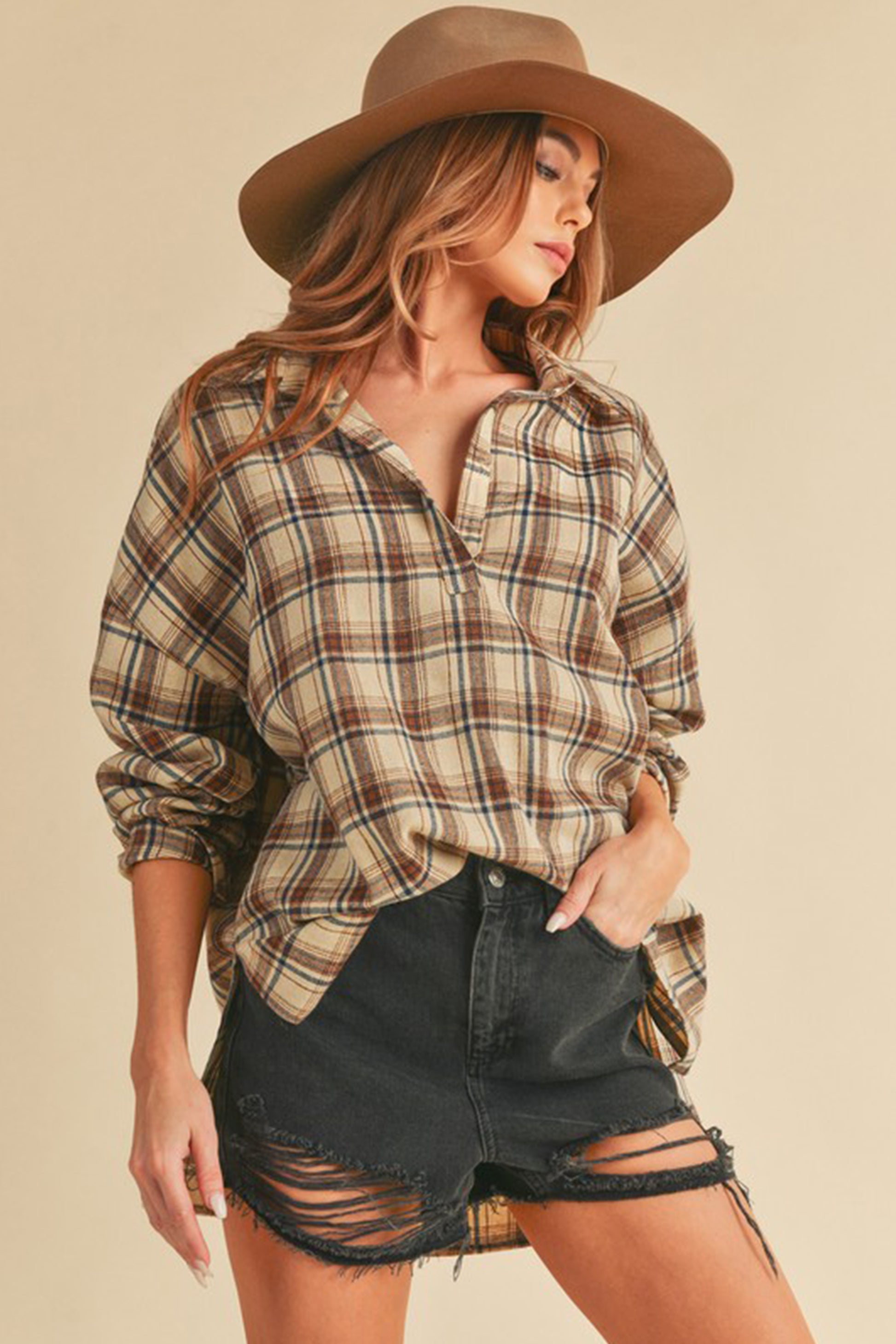 Side Slit High-Low Plaid Oversized Polo Shirt