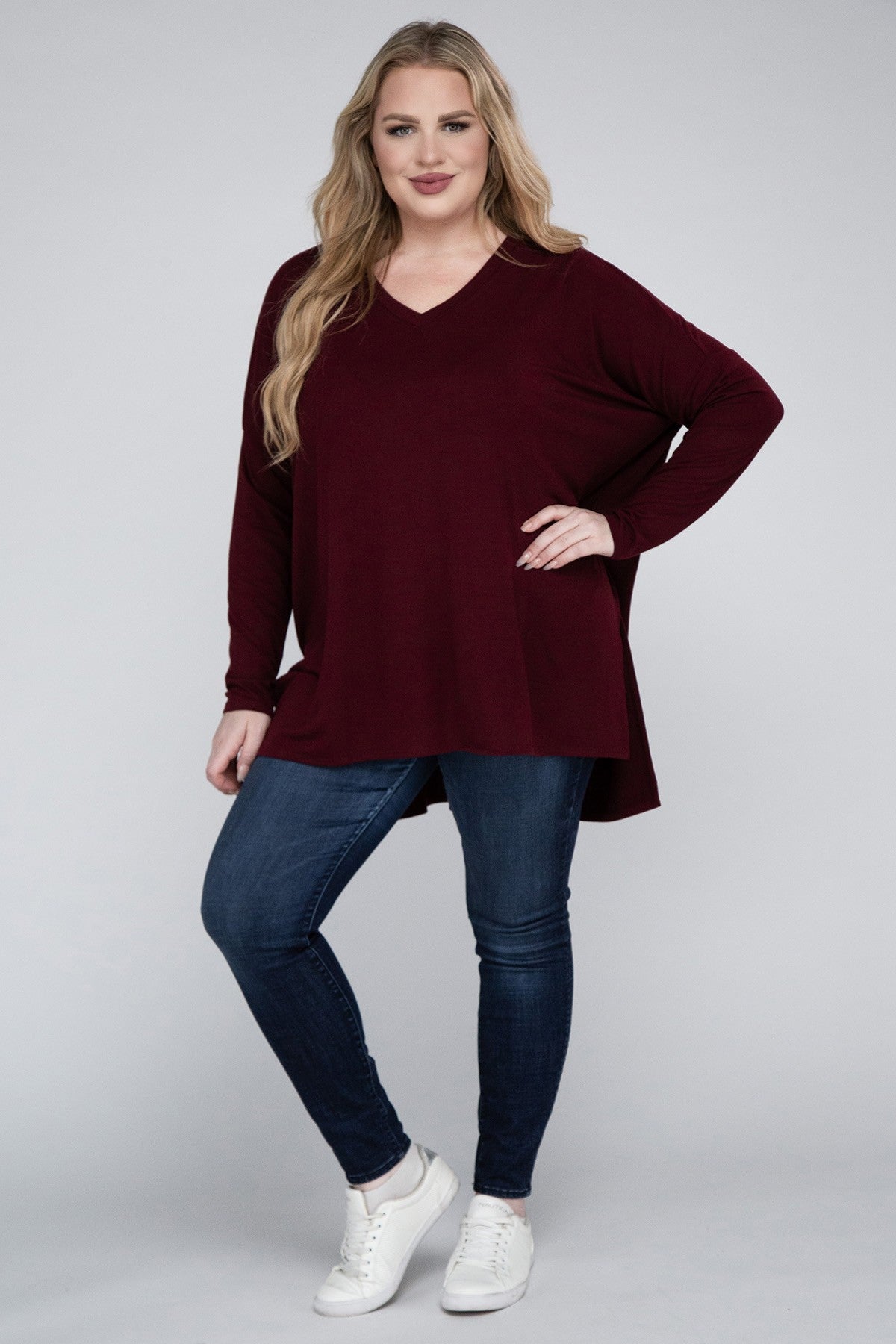 Plus Dolman Sleeve V-Neck Side Slit Hi-Low Hem Top ZENANA