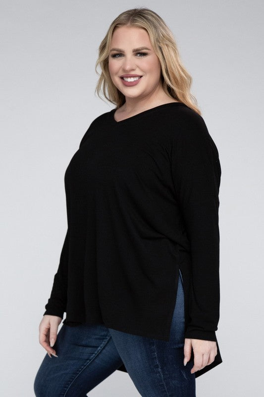 Plus Dolman Sleeve V-Neck Side Slit Hi-Low Hem Top ZENANA