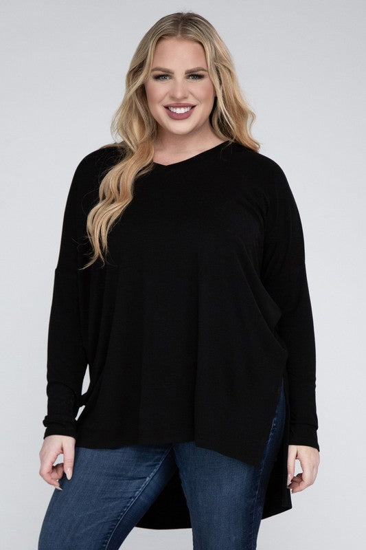 Plus Dolman Sleeve V-Neck Side Slit Hi-Low Hem Top ZENANA