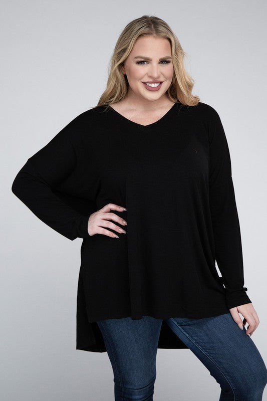 Plus Dolman Sleeve V-Neck Side Slit Hi-Low Hem Top ZENANA