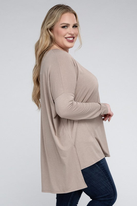 Plus Dolman Sleeve V-Neck Side Slit Hi-Low Hem Top ZENANA