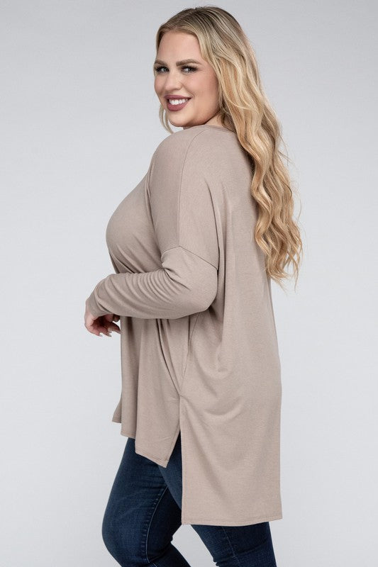 Plus Dolman Sleeve V-Neck Side Slit Hi-Low Hem Top ZENANA