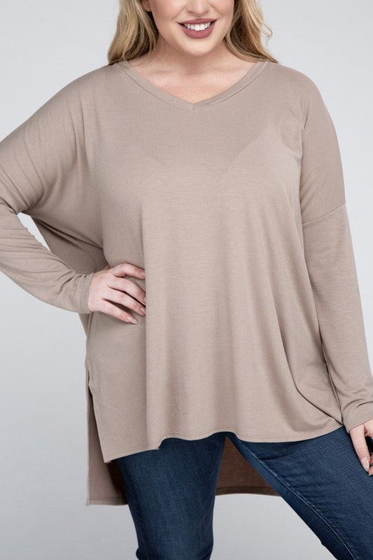 Plus Dolman Sleeve V-Neck Side Slit Hi-Low Hem Top ZENANA