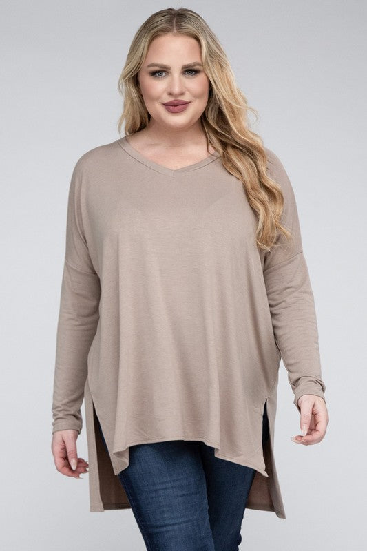 Plus Dolman Sleeve V-Neck Side Slit Hi-Low Hem Top ZENANA