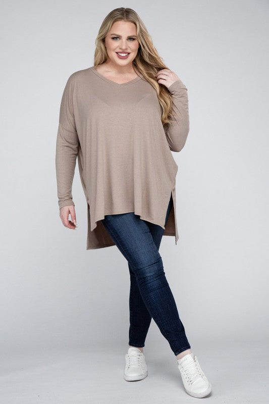 Plus Dolman Sleeve V-Neck Side Slit Hi-Low Hem Top ZENANA