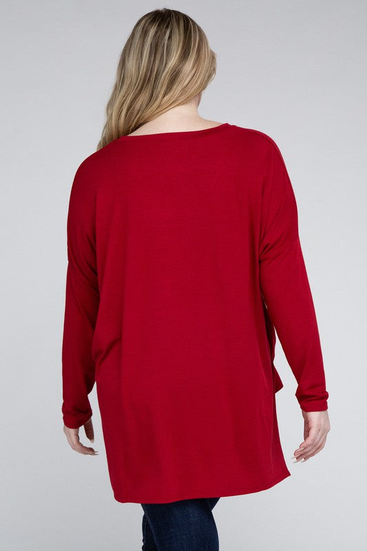 Plus Dolman Sleeve V-Neck Side Slit Hi-Low Hem Top ZENANA