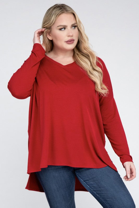 Plus Dolman Sleeve V-Neck Side Slit Hi-Low Hem Top ZENANA