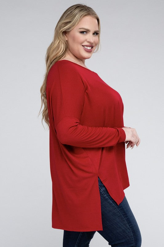 Plus Dolman Sleeve V-Neck Side Slit Hi-Low Hem Top ZENANA