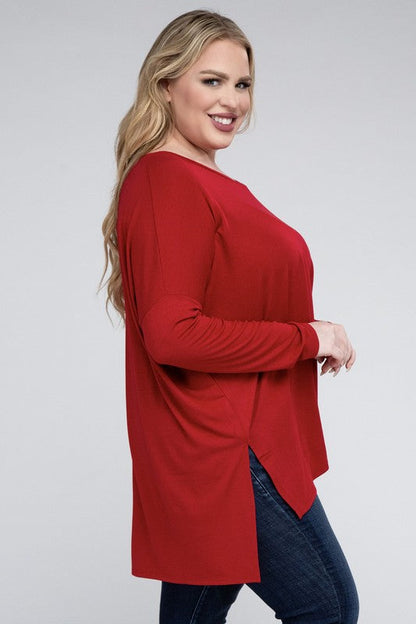 Plus Dolman Sleeve V-Neck Side Slit Hi-Low Hem Top ZENANA