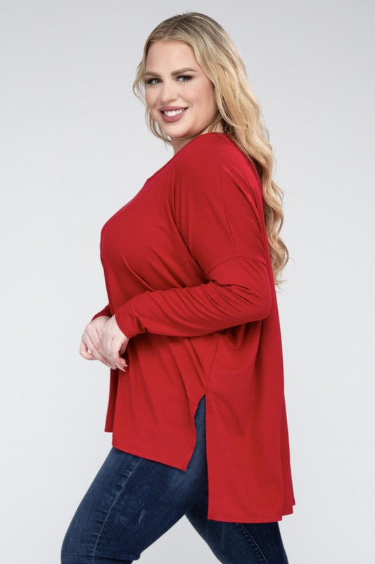 Plus Dolman Sleeve V-Neck Side Slit Hi-Low Hem Top ZENANA