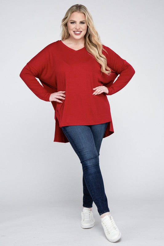 Plus Dolman Sleeve V-Neck Side Slit Hi-Low Hem Top ZENANA
