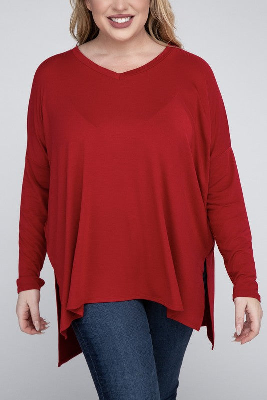 Plus Dolman Sleeve V-Neck Side Slit Hi-Low Hem Top ZENANA