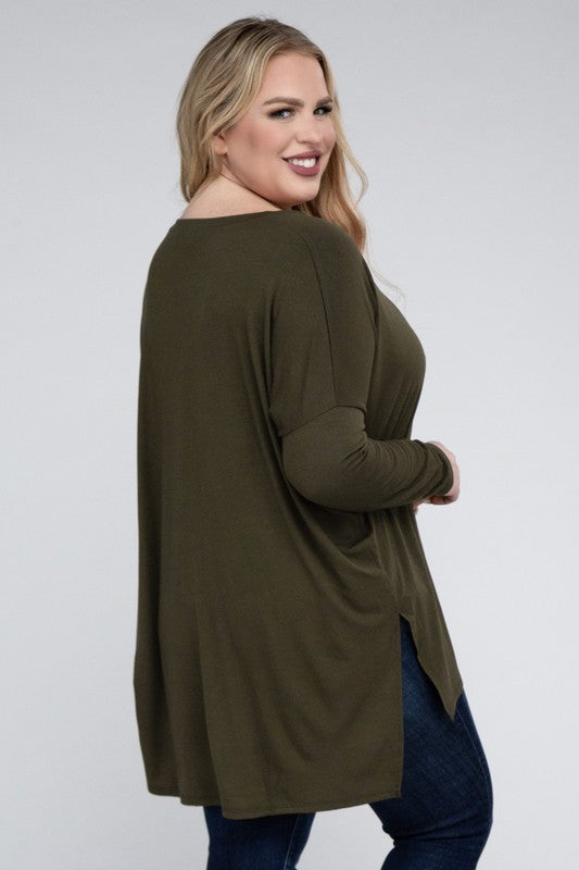 Plus Dolman Sleeve V-Neck Side Slit Hi-Low Hem Top ZENANA