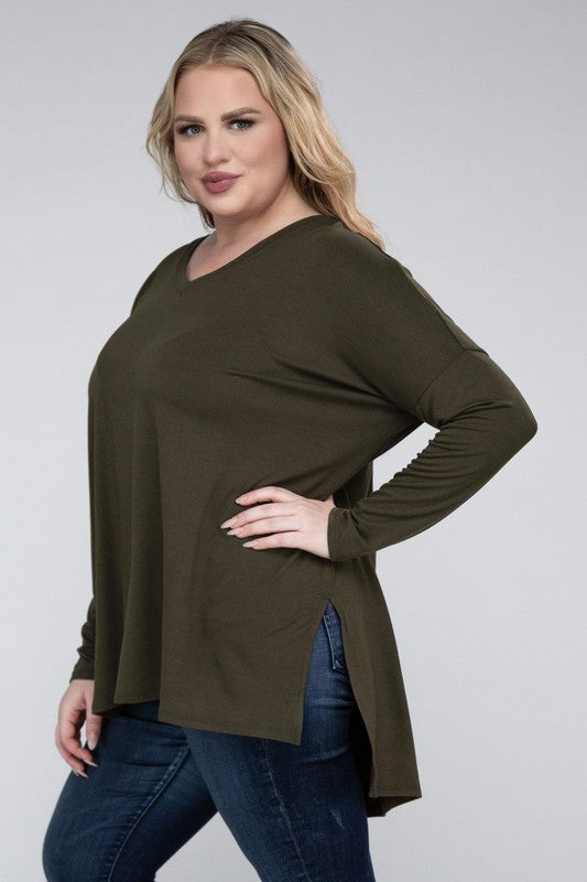 Plus Dolman Sleeve V-Neck Side Slit Hi-Low Hem Top ZENANA