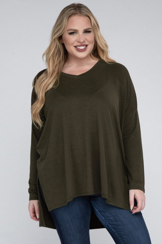 Plus Dolman Sleeve V-Neck Side Slit Hi-Low Hem Top ZENANA