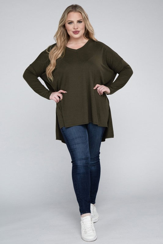 Plus Dolman Sleeve V-Neck Side Slit Hi-Low Hem Top ZENANA
