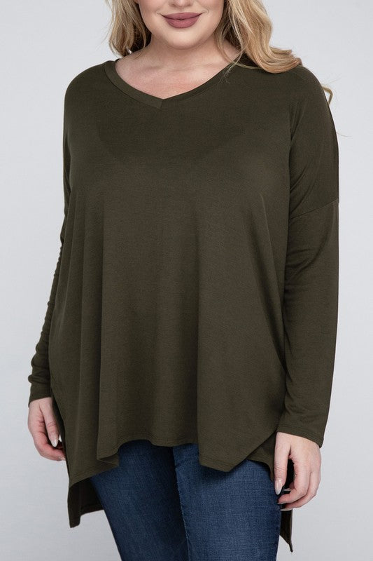 Plus Dolman Sleeve V-Neck Side Slit Hi-Low Hem Top ZENANA