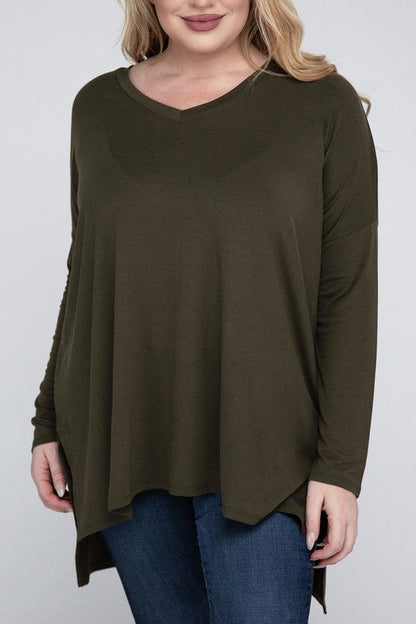 Plus Dolman Sleeve V-Neck Side Slit Hi-Low Hem Top ZENANA