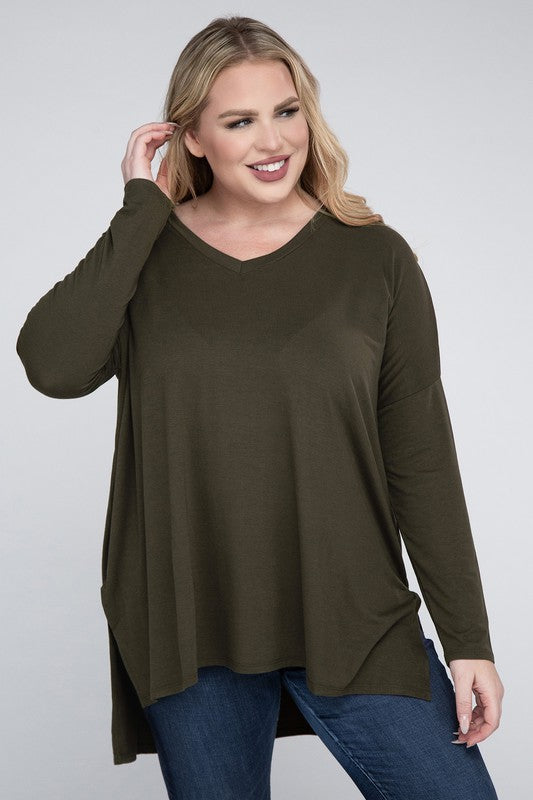Plus Dolman Sleeve V-Neck Side Slit Hi-Low Hem Top ZENANA