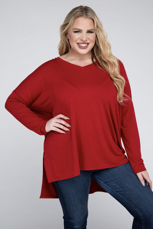 Plus Dolman Sleeve V-Neck Side Slit Hi-Low Hem Top ZENANA