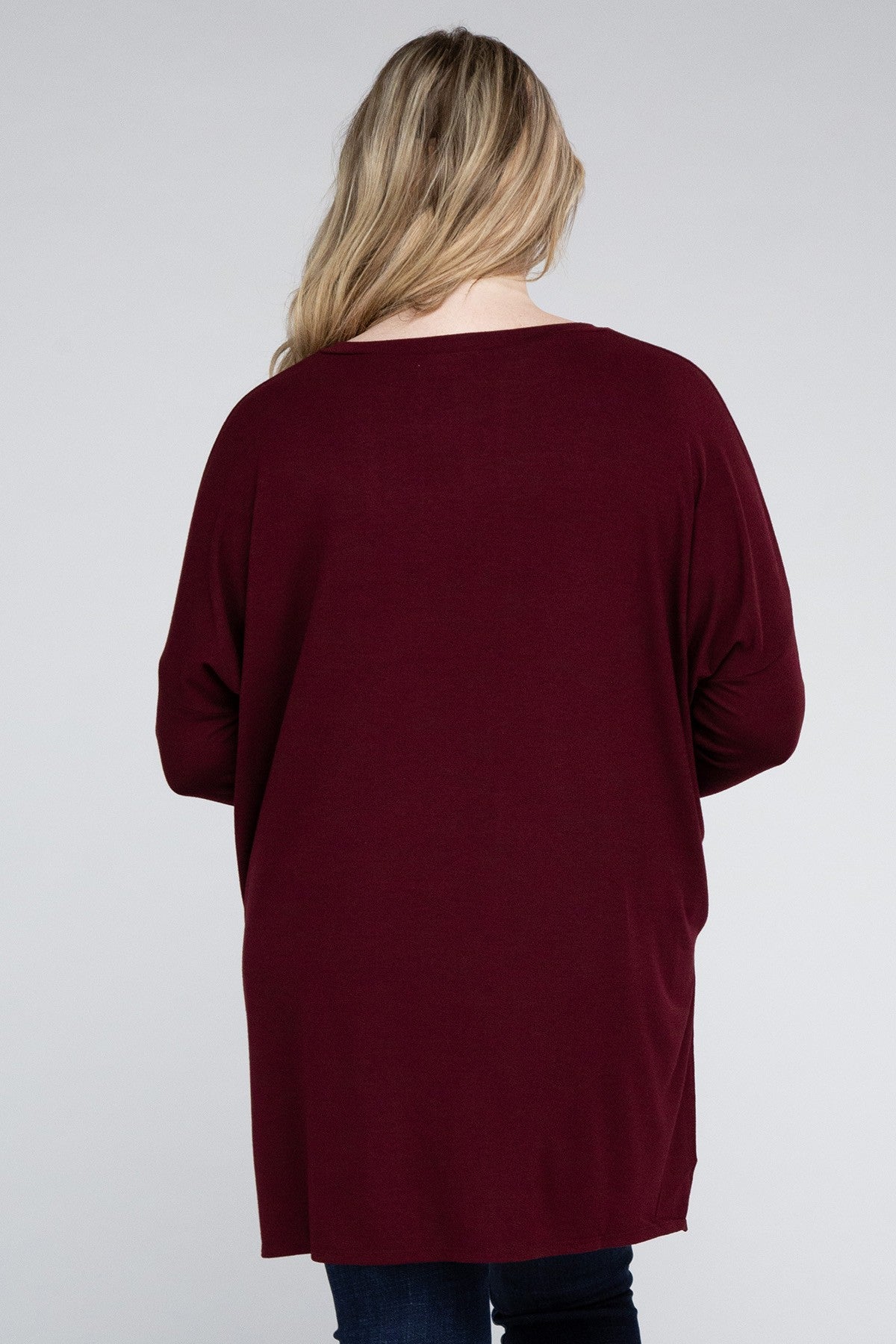Plus Dolman Sleeve V-Neck Side Slit Hi-Low Hem Top ZENANA