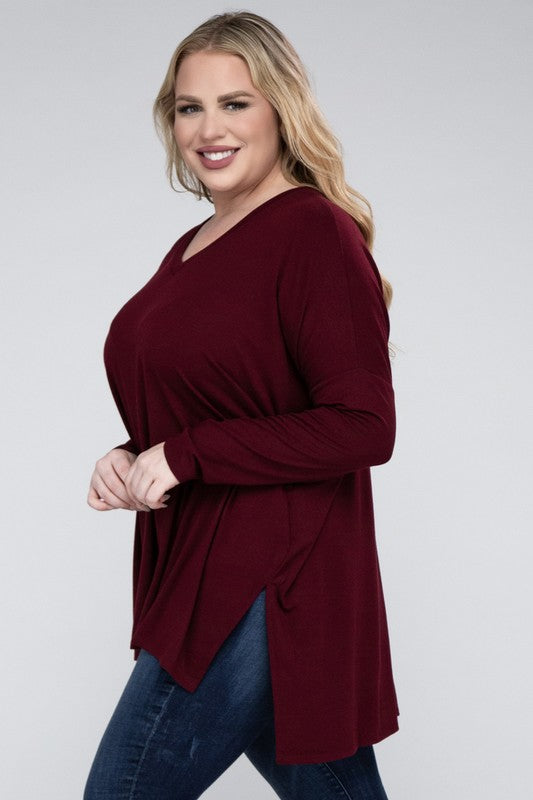 Plus Dolman Sleeve V-Neck Side Slit Hi-Low Hem Top ZENANA