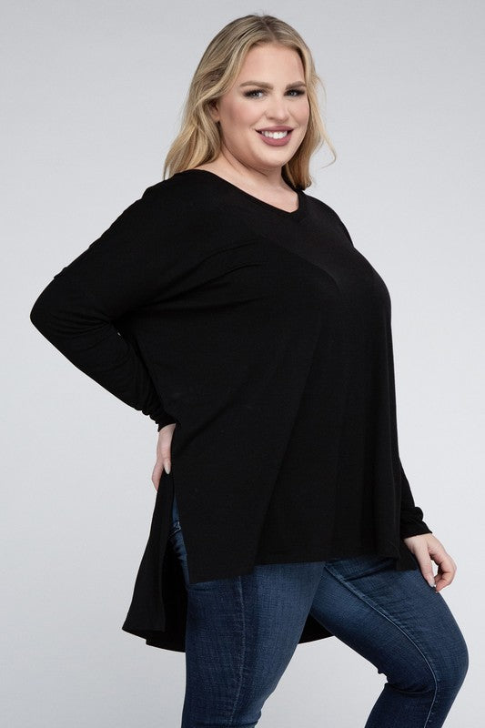 Plus Dolman Sleeve V-Neck Side Slit Hi-Low Hem Top ZENANA