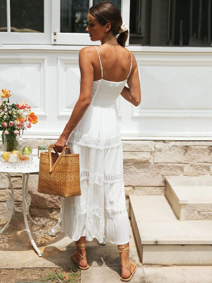 Lace Detail Smocked Midi Cami Dress Trendsi