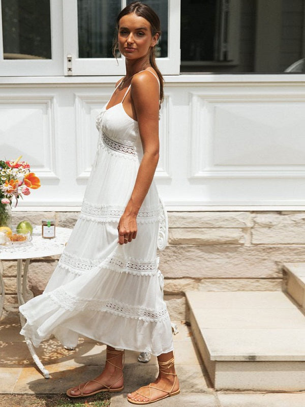 Lace Detail Smocked Midi Cami Dress Trendsi