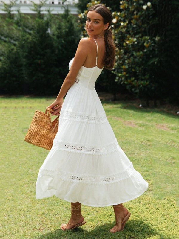 Lace Detail Smocked Midi Cami Dress Trendsi