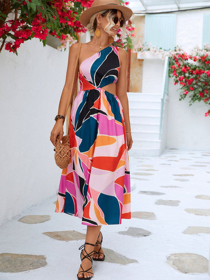 Printed Cutout One-Shoulder Sleeveless Midi Dress Trendsi