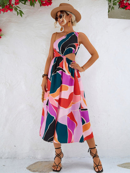 Printed Cutout One-Shoulder Sleeveless Midi Dress Trendsi