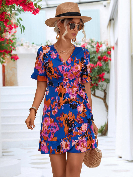 Abstract Floral Printed Flounce Sleeve Tied Short Dress Trendsi
