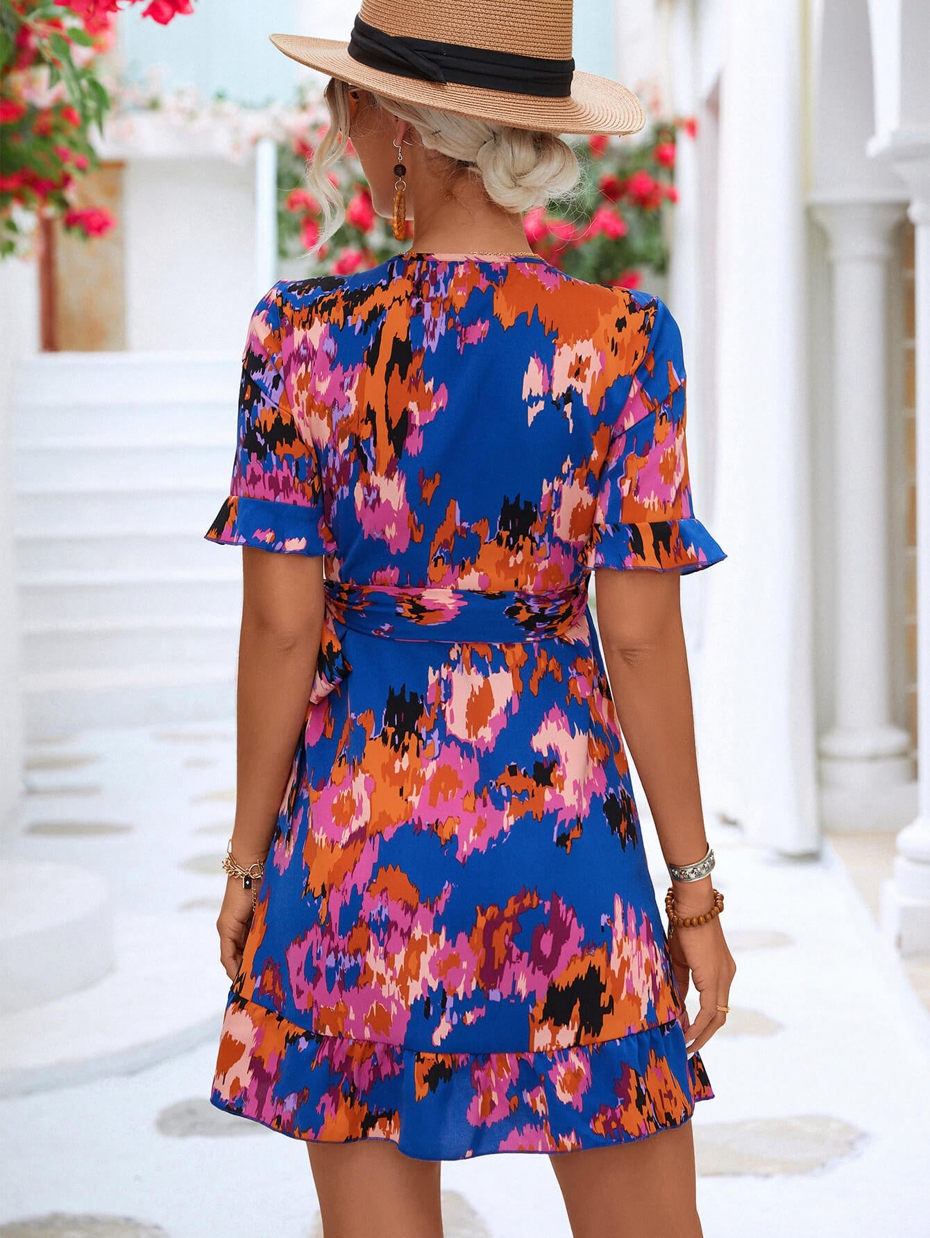 Abstract Floral Printed Flounce Sleeve Tied Short Dress Trendsi