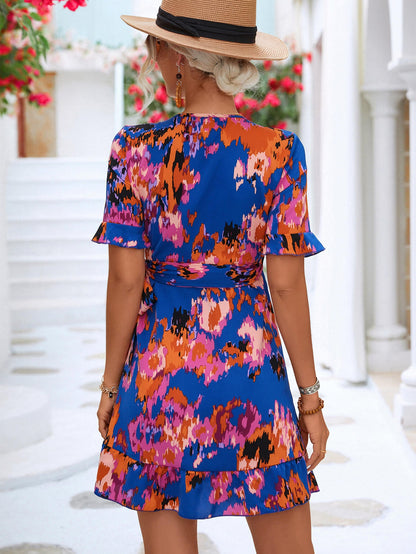 Abstract Floral Printed Flounce Sleeve Tied Short Dress Trendsi