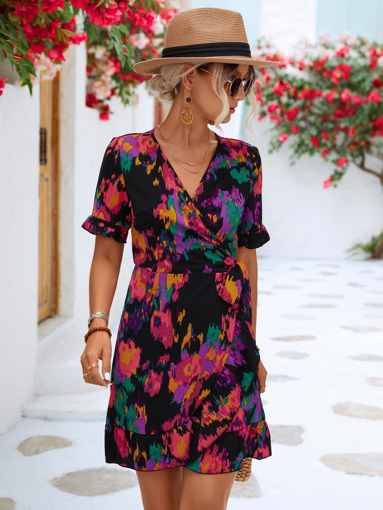 Abstract Floral Printed Flounce Sleeve Tied Short Dress Trendsi