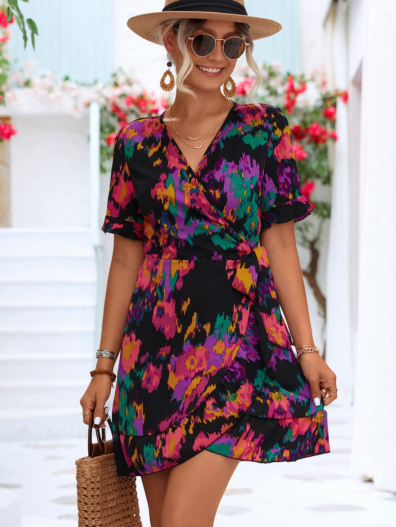 Abstract Floral Printed Flounce Sleeve Tied Short Dress Trendsi
