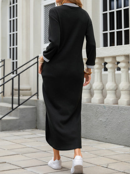 Slit V-Neck Long Sleeve Casual Maxi Dress Trendsi