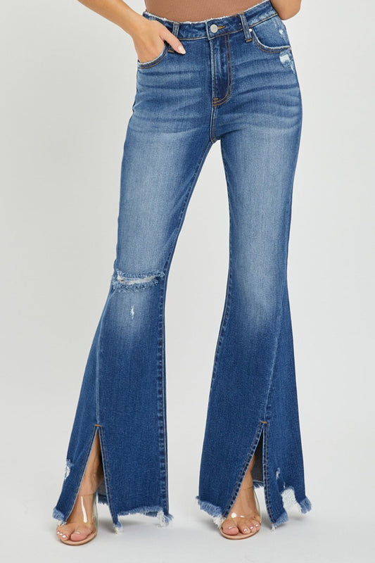 RISEN High Rise Front Slit Frayed Hem Flare Jeans Trendsi