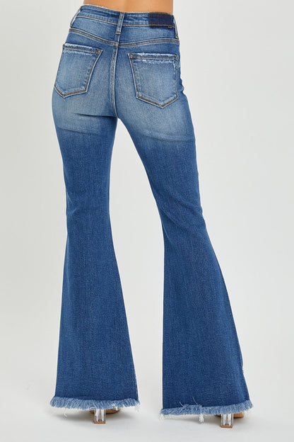 RISEN High Rise Front Slit Frayed Hem Flare Jeans Trendsi
